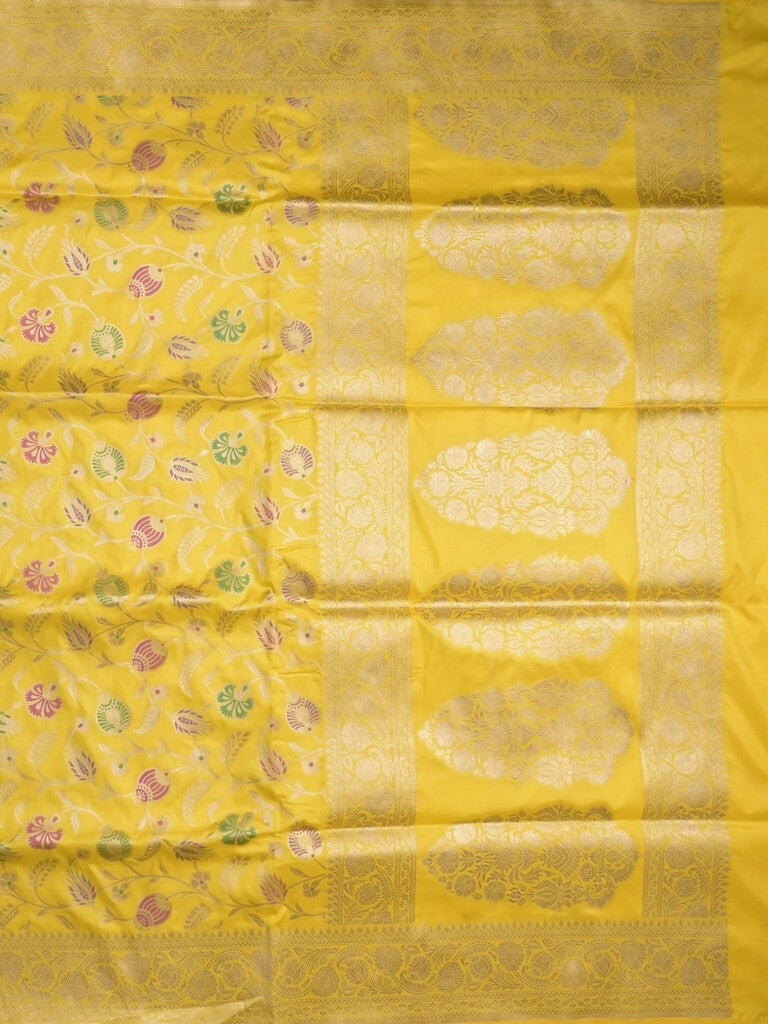Banaras pattu saree golden yellow color allover zari weaves & zari border with rich pallu and attached plain blouse