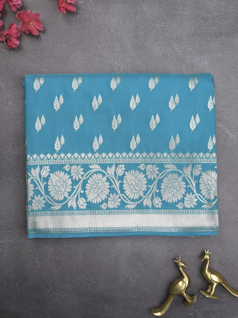 Banaras pattu saree in sky blue color allover zari motifs & zari border with brocade pallu and brocade blouse