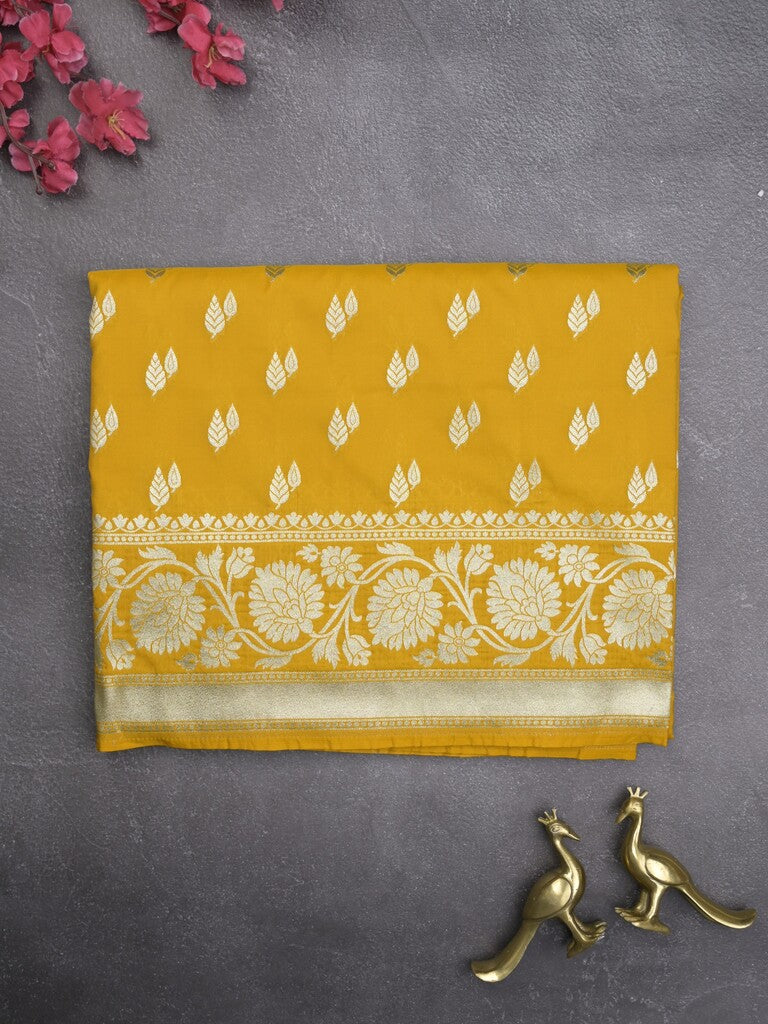 Banaras pattu saree in golden yellow color allover zari motifs & zari border with brocade pallu and brocade blouse