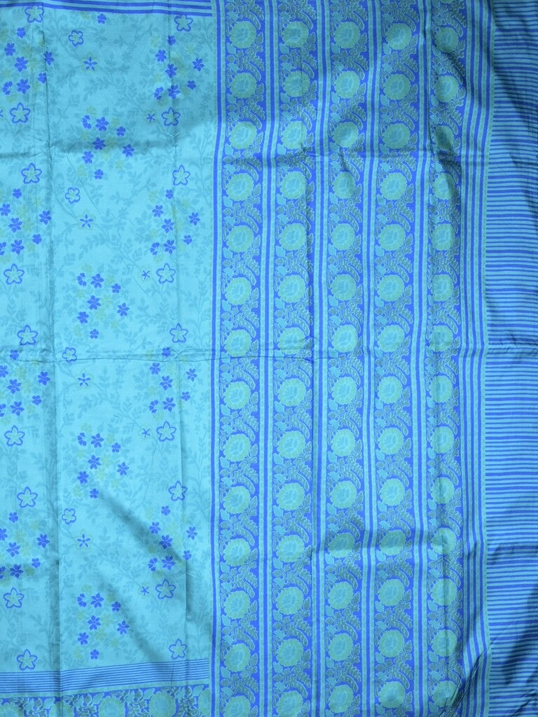 Crape fancy saree sky blue color allover prints & contrast border with printed pallu and attached plain blouse