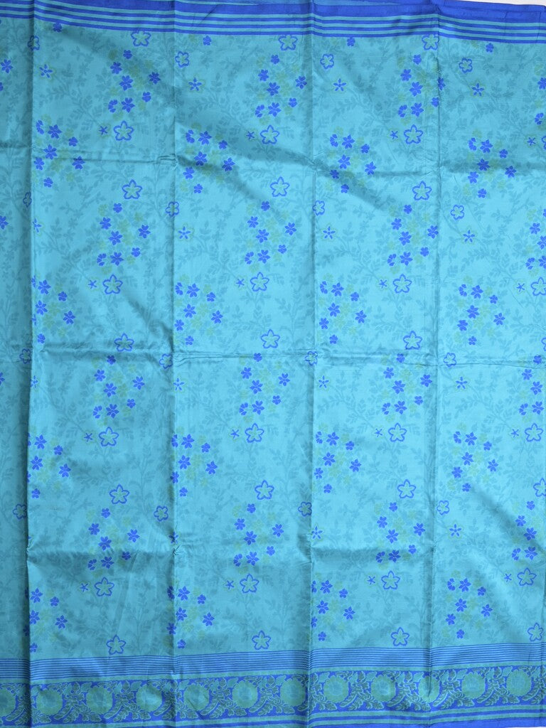Crape fancy saree sky blue color allover prints & contrast border with printed pallu and attached plain blouse