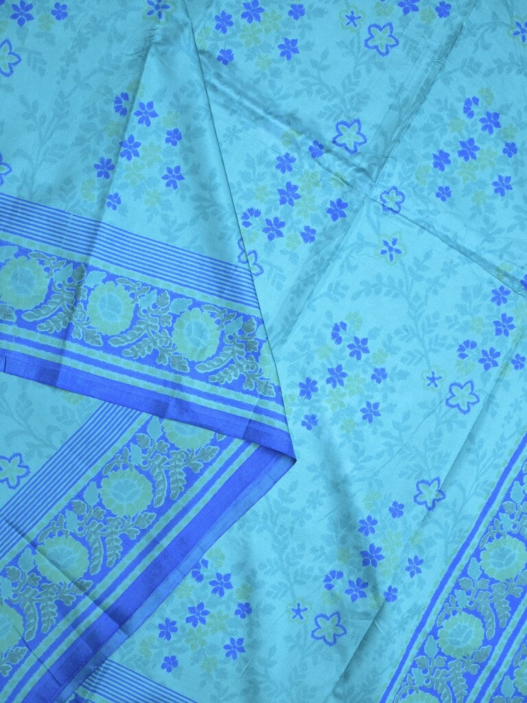 Crape fancy saree sky blue color allover prints & contrast border with printed pallu and attached plain blouse