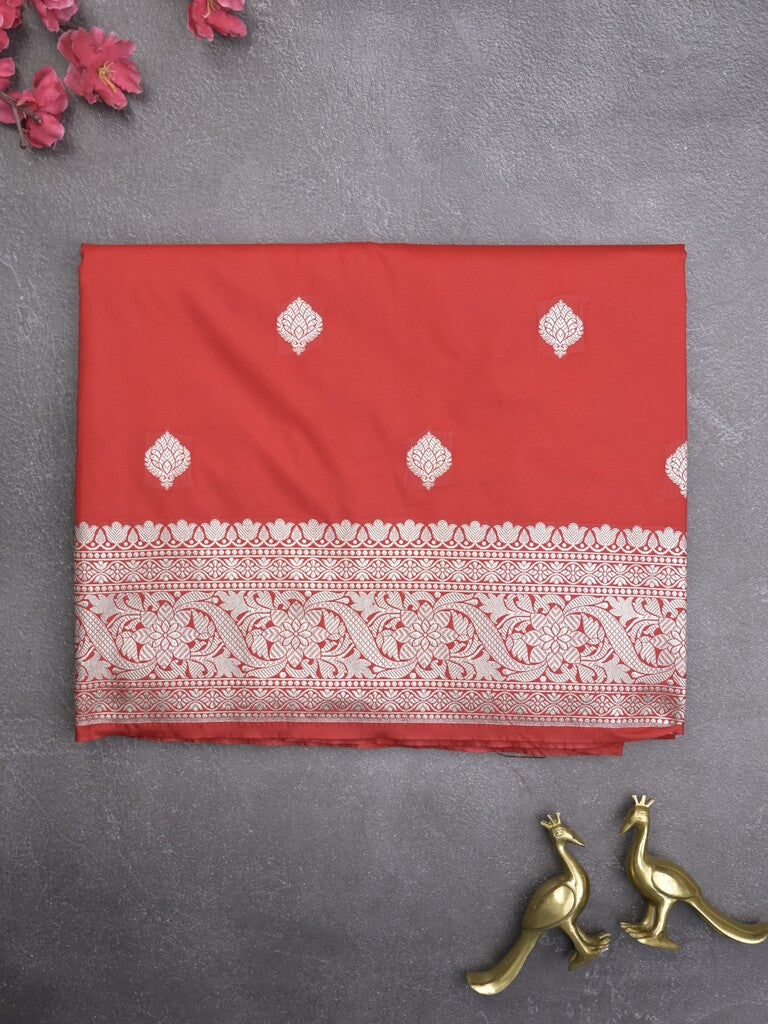 Banaras pattu saree in red color allover zari motifs & zari border with brocade pallu and plain blouse