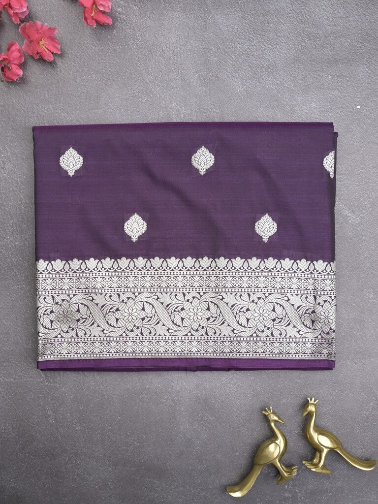Banaras pattu saree in violet color allover zari motifs & zari border with brocade pallu and plain blouse