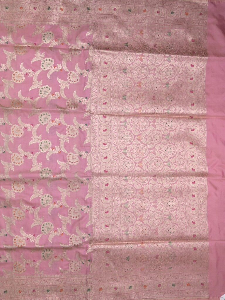 Banaras pattu saree onion pink color allover zari weaves & zari border with rich pallu and attached plain blouse