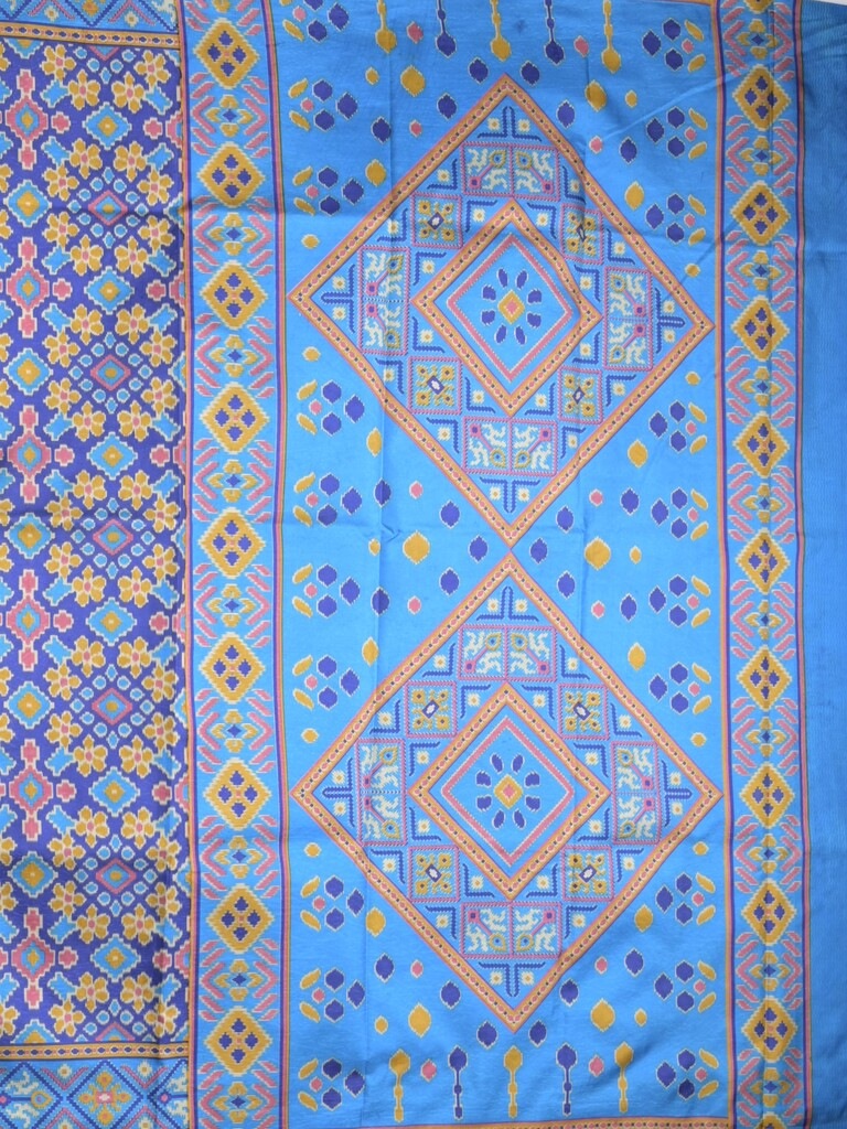 Crape fancy saree blue color allover prints & contrast border with printed pallu and attached plain blouse