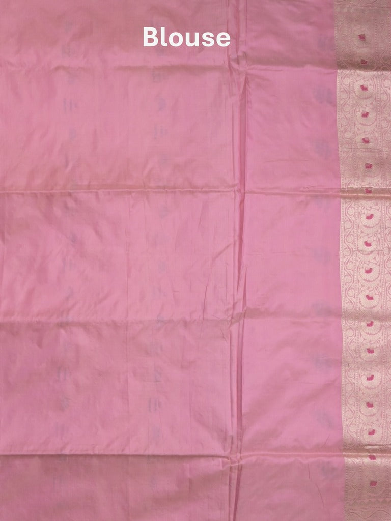 Banaras pattu saree onion pink color allover zari weaves & zari border with rich pallu and attached plain blouse