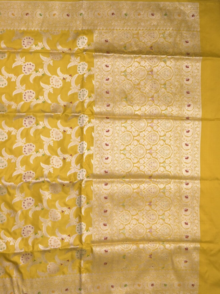 Banaras pattu saree golden yellow color allover zari weaves & zari border with rich pallu and attached plain blouse