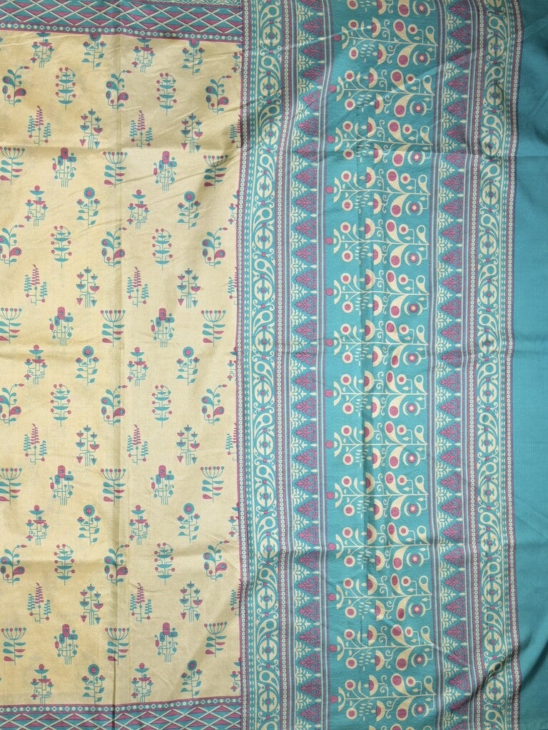 Crape fancy saree light cream color allover prints & contrast border with printed pallu and attached plain blouse