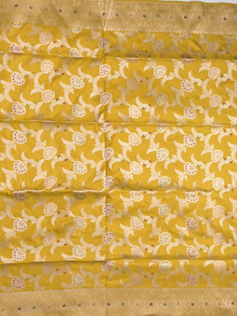 Banaras pattu saree golden yellow color allover zari weaves & zari border with rich pallu and attached plain blouse