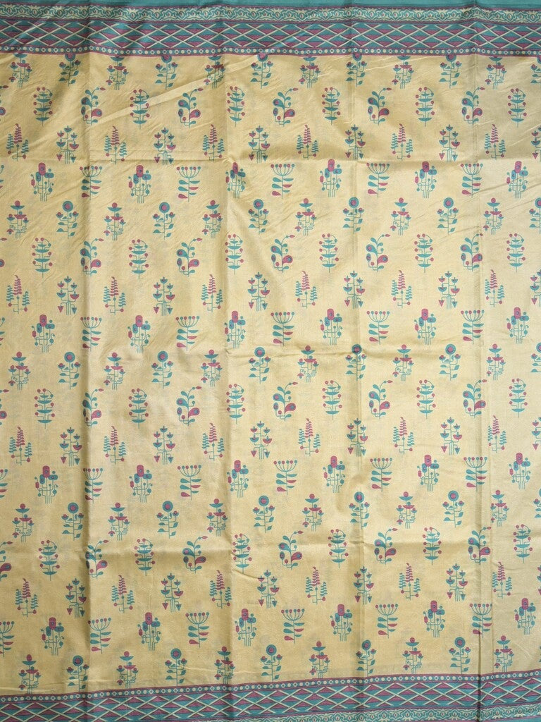 Crape fancy saree light cream color allover prints & contrast border with printed pallu and attached plain blouse