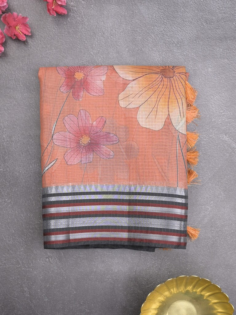 Kota fancy sarees in peach color allover prints & zari border with short pallu and contrast blouse