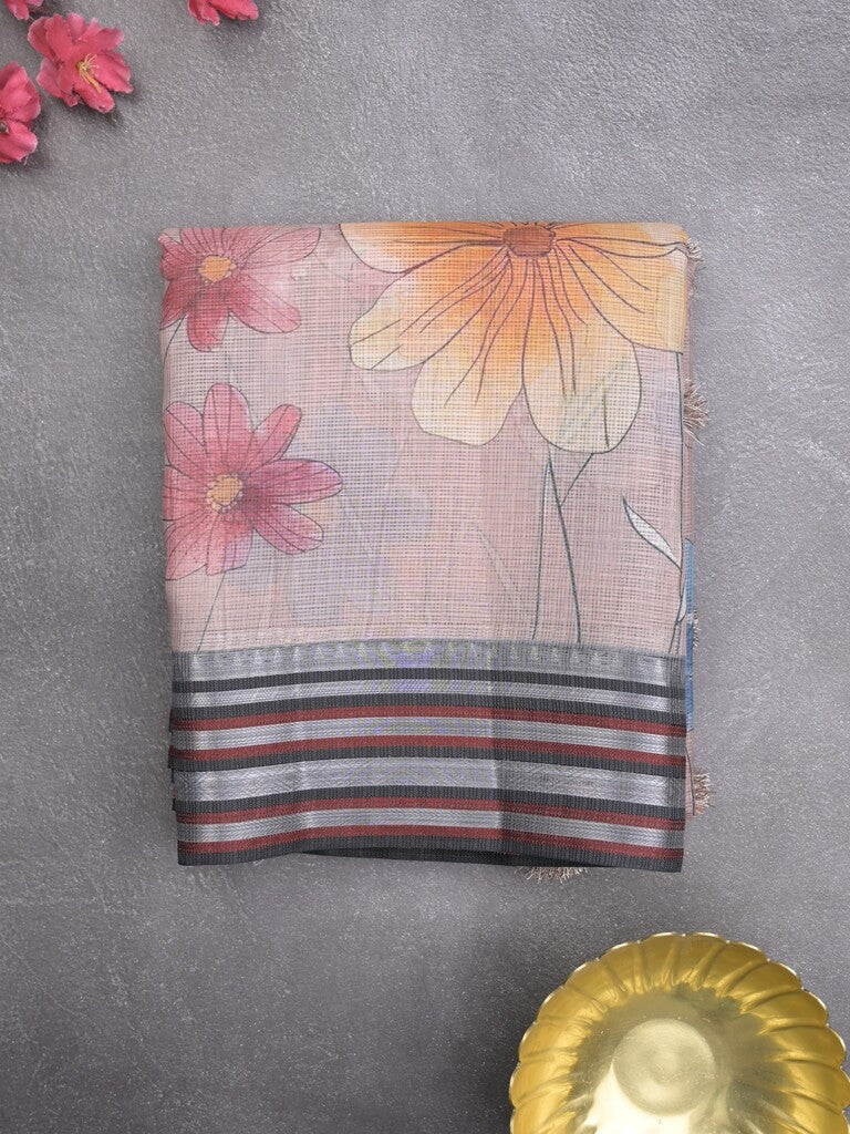 Kota fancy sarees in pastel grey color allover prints & zari border with short pallu and contrast blouse