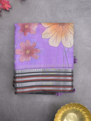 Kota fancy sarees in purple color allover prints & zari border with short pallu and contrast blouse