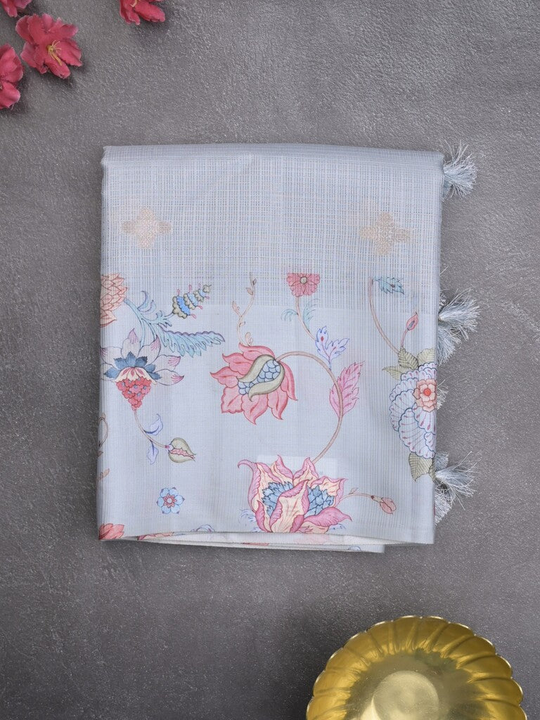 Kota fancy sarees in pastel grey color allover zari motifs with printed border and printed blouse