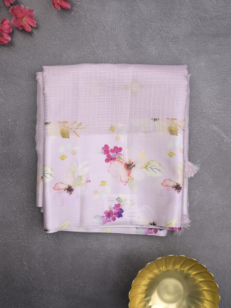 Kota fancy sarees in pastel purple color allover zari motifs with printed border and printed blouse