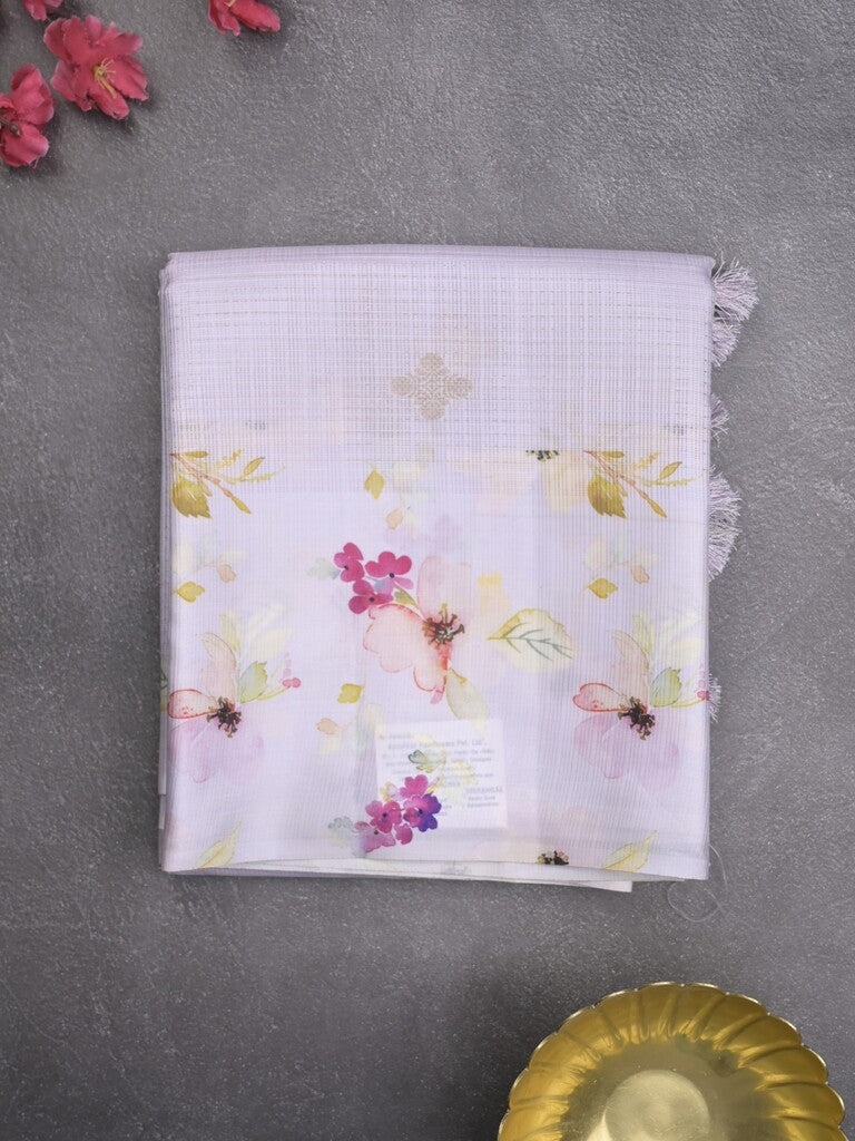 Kota fancy sarees in white color allover zari motifs with printed border and printed blouse