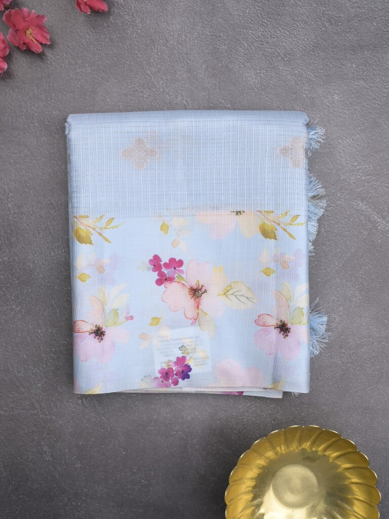 Kota fancy sarees in light blue color allover zari motifs with printed border and printed blouse