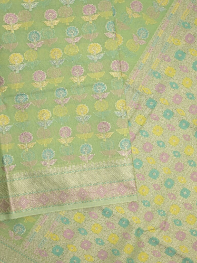 Chanderi fancy saree in light green color allover weaves & zari border with brocade pallu and brocade blouse
