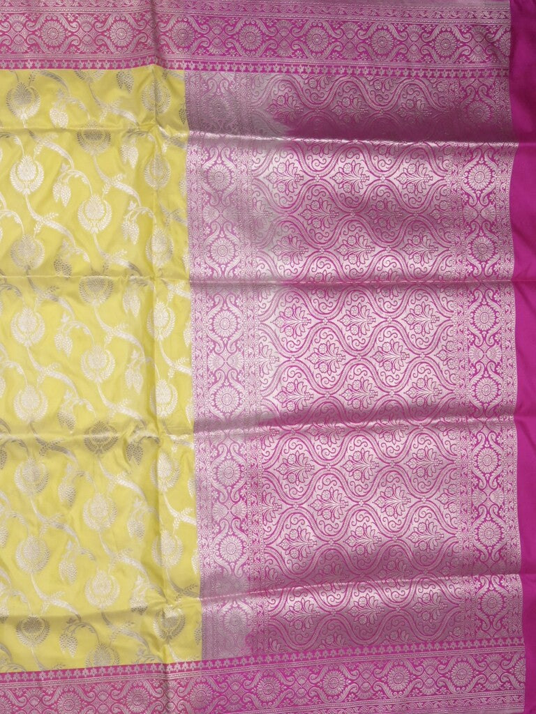 Banaras pattu saree light yellow color allover zari weaves & zari border with rich pallu and attached plain blouse