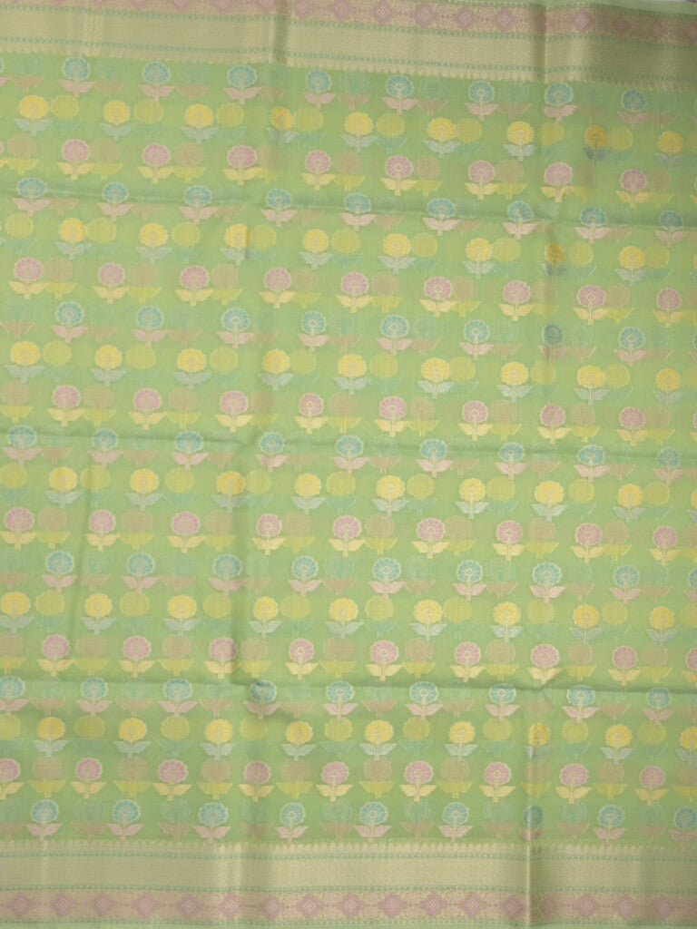 Chanderi fancy saree in light green color allover weaves & zari border with brocade pallu and brocade blouse