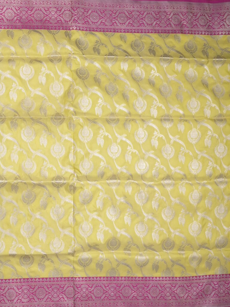 Banaras pattu saree light yellow color allover zari weaves & zari border with rich pallu and attached plain blouse