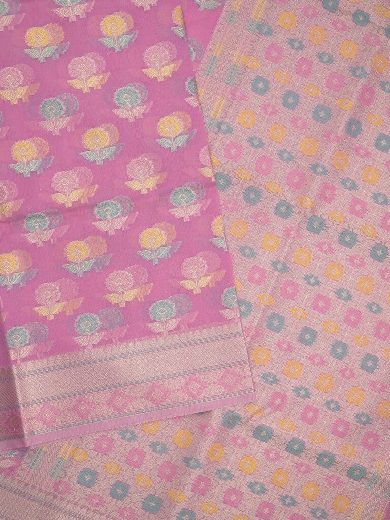 Chanderi fancy saree in pink color allover weaves & zari border with brocade pallu and brocade blouse