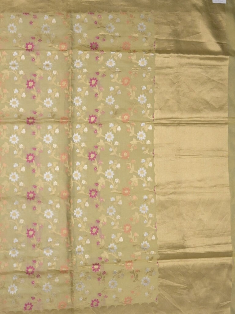 Banaras tissue pattu saree dark beige color allover zari weaves & zari border with rich pallu and attached plain blouse