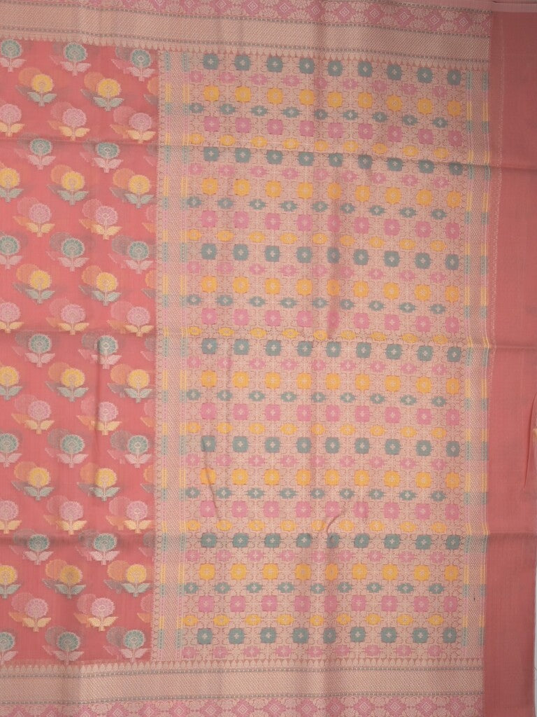 Chanderi fancy saree in peach color allover weaves & zari border with brocade pallu and brocade blouse