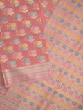 Chanderi fancy saree in peach color allover weaves & zari border with brocade pallu and brocade blouse