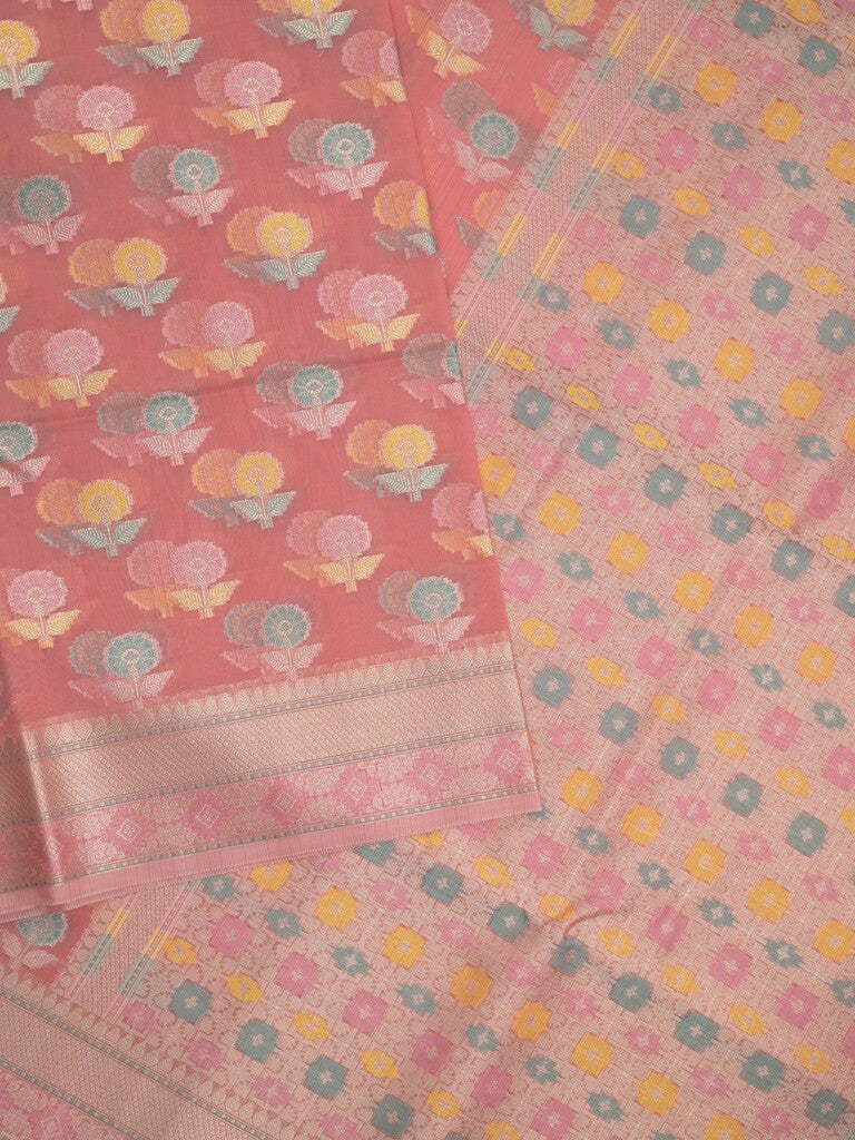 Chanderi fancy saree in peach color allover weaves & zari border with brocade pallu and brocade blouse