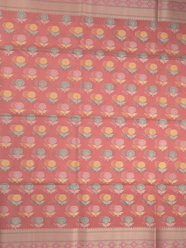 Chanderi fancy saree in peach color allover weaves & zari border with brocade pallu and brocade blouse