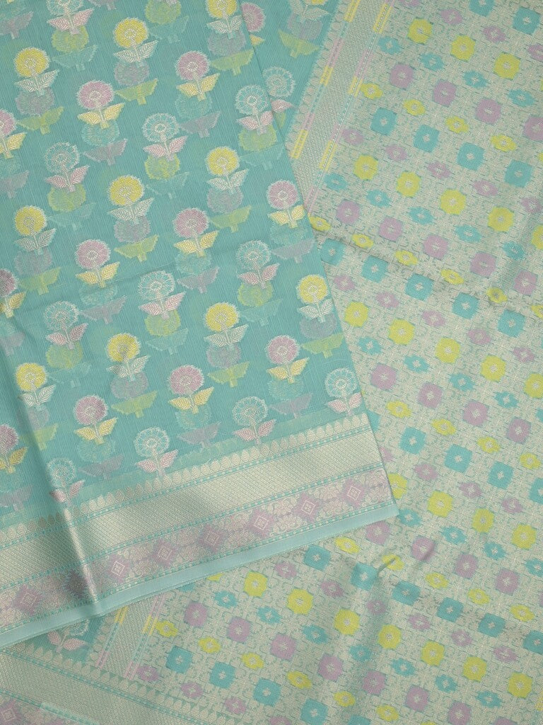Chanderi fancy saree in light blue color allover weaves & zari border with brocade pallu and brocade blouse