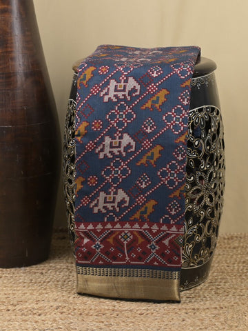 Maheshwari fancy saree navy blue color with allover patola design & small zari border and contrast printed blouse