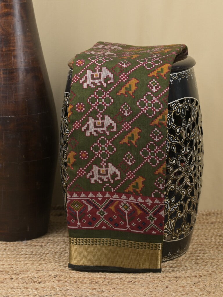 Maheshwari fancy saree olive green color with allover patola design & small zari border and contrast printed blouse