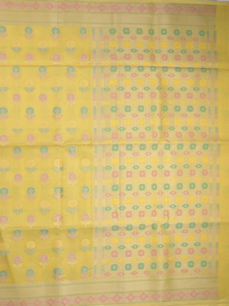 Chanderi fancy saree in yellow color allover weaves & zari border with brocade pallu and brocade blouse