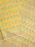 Chanderi fancy saree in yellow color allover weaves & zari border with brocade pallu and brocade blouse