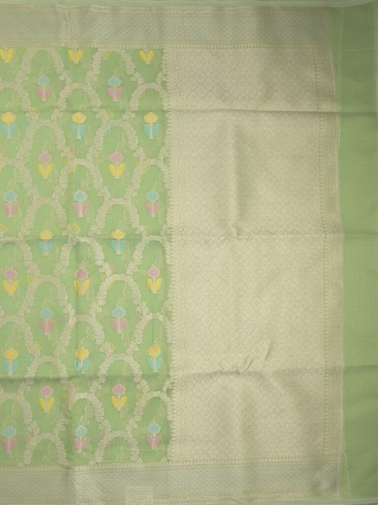 Chanderi fancy saree in light green color allover weaves & zari border with brocade pallu and brocade blouse