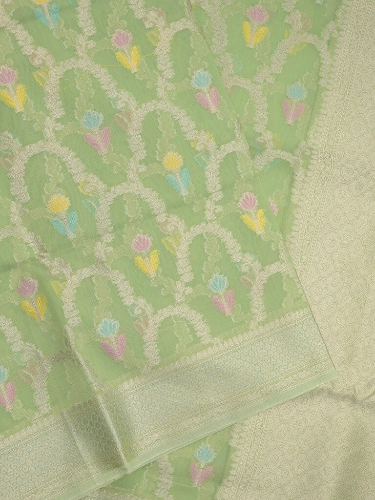 Chanderi fancy saree in light green color allover weaves & zari border with brocade pallu and brocade blouse
