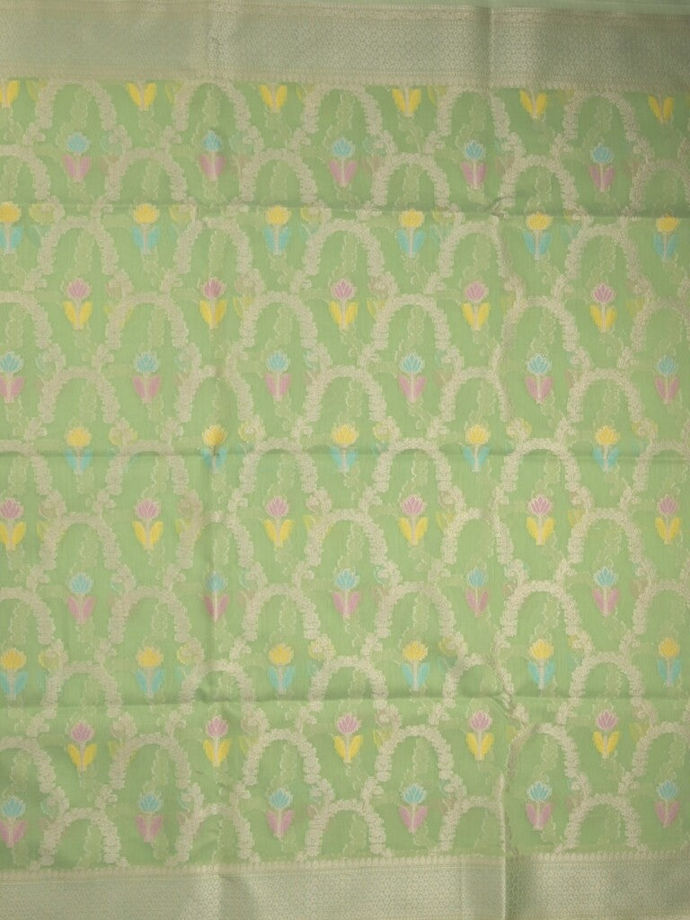 Chanderi fancy saree in light green color allover weaves & zari border with brocade pallu and brocade blouse