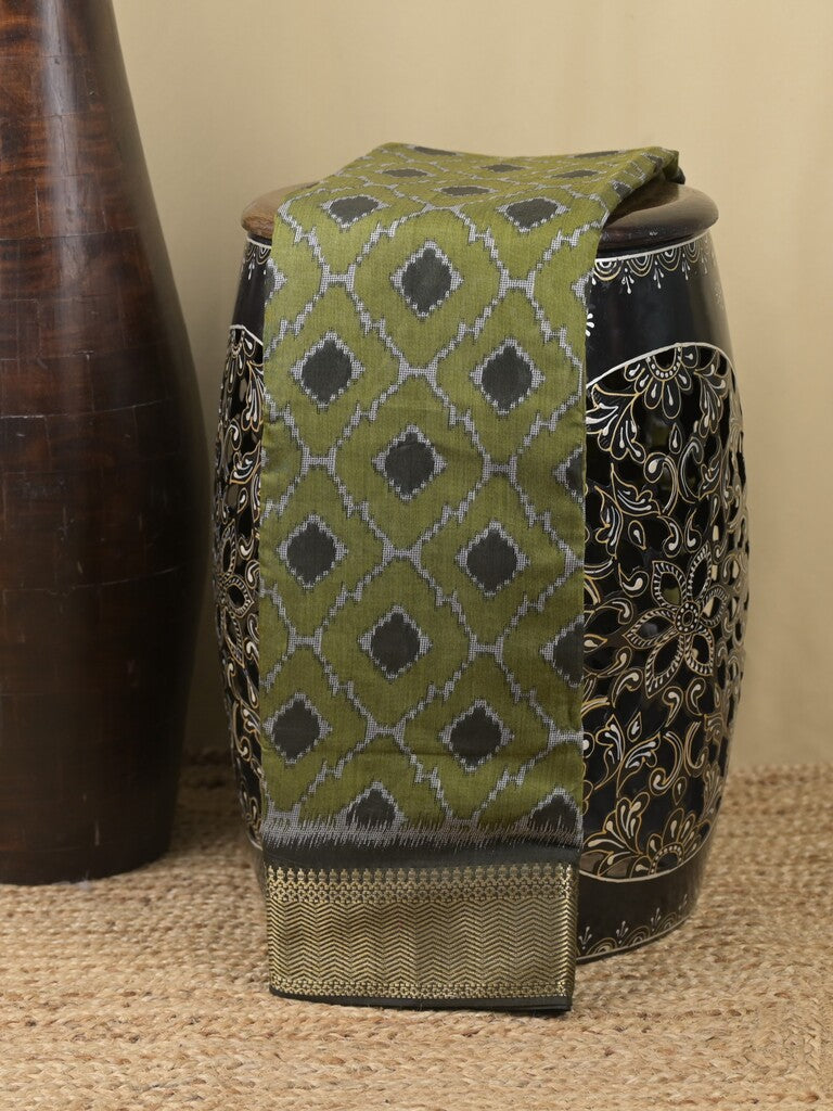 Maheshwari fancy saree olive green color allover prints & zari border with printed pallu and attached printed blouse