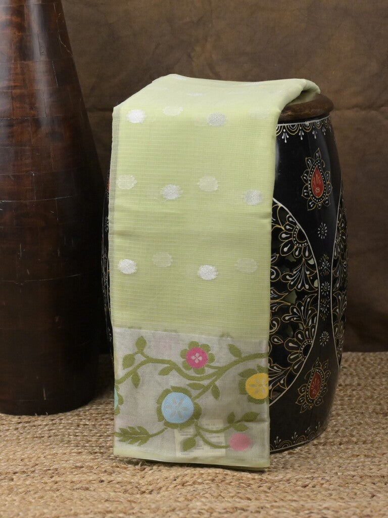 Kota fancy saree light green color allover zari motifs & zari border with self pallu and running blouse