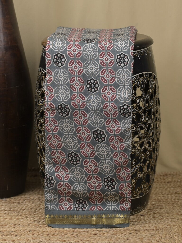 Maheshwari fancy saree grey color allover prints & small zari border and printed pallu and plain blouse