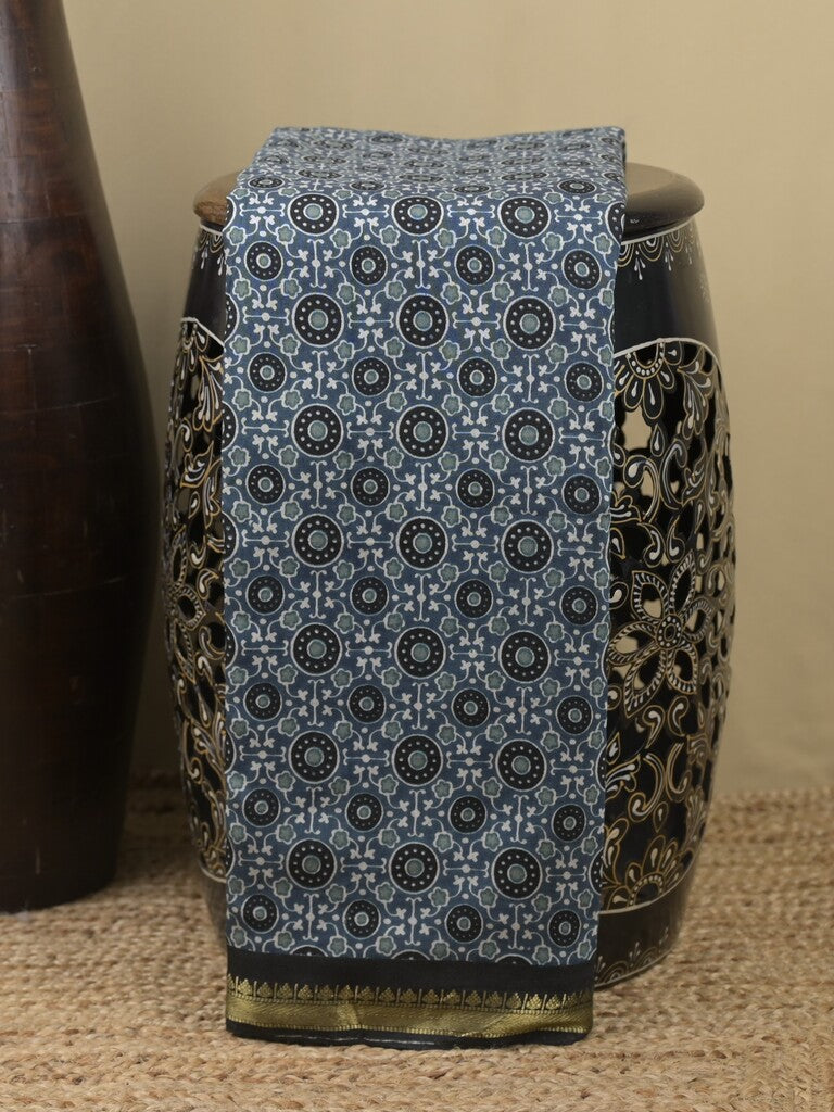 Maheshwari fancy saree light blue color allover prints & small zari border and printed pallu and plain blouse