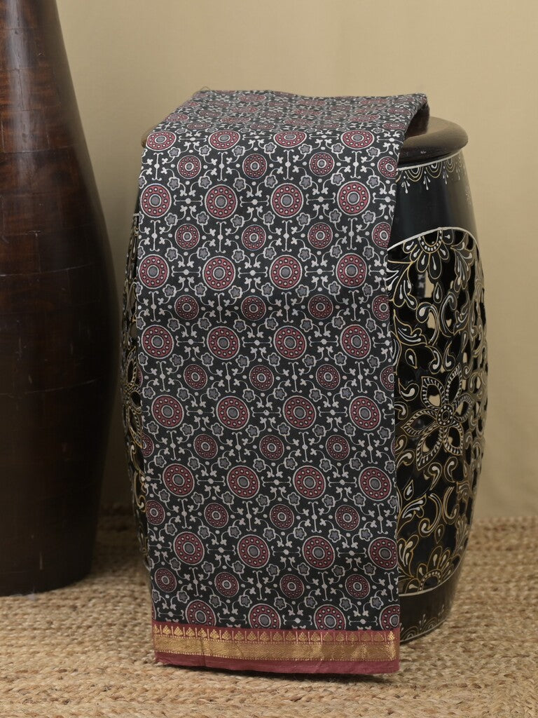 Maheshwari fancy saree black color allover prints & small zari border and printed pallu and plain blouse