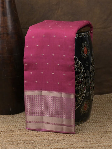 Maheshwari fancy saree pink color allover zari motifs & zari border with contrast pallu and attached blouse