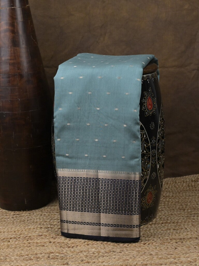 Maheshwari fancy saree sky blue color allover zari motifs & zari border with contrast pallu and attached blouse