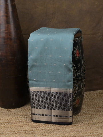 Maheshwari fancy saree sky blue color allover zari motifs & zari border with contrast pallu and attached blouse