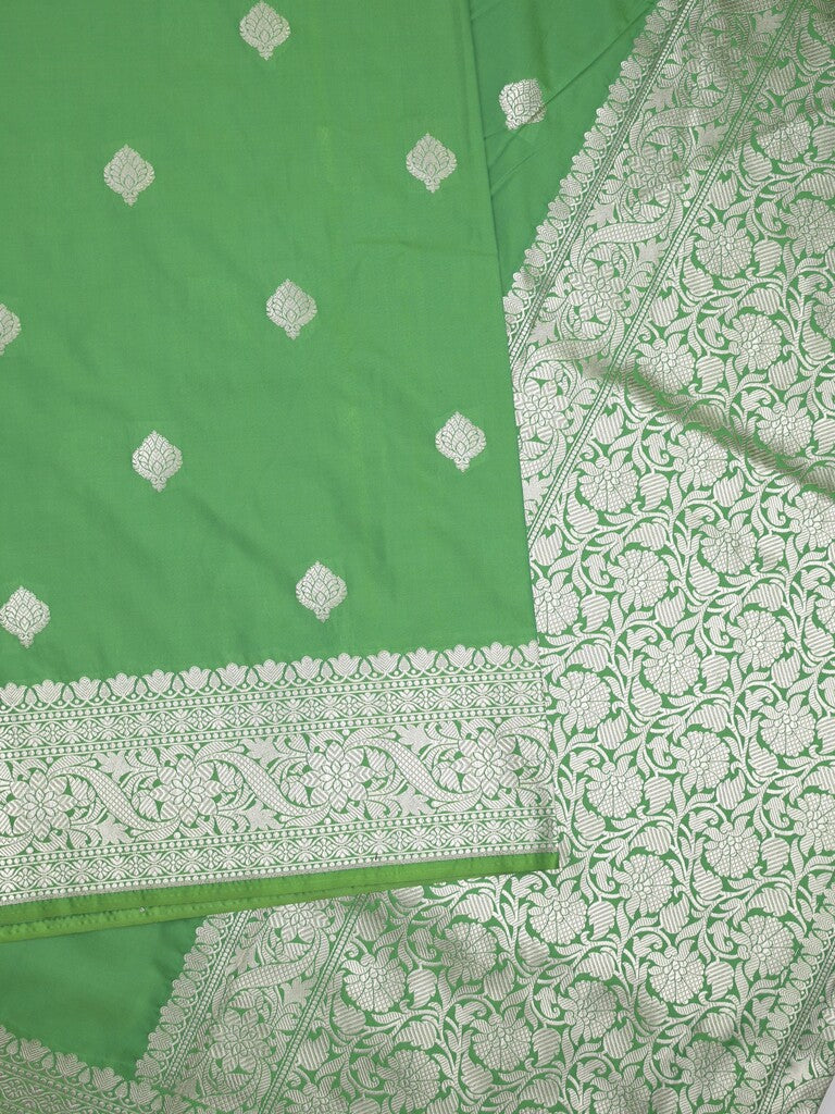 Banaras pattu saree in parrot green color allover zari motifs & zari border with brocade pallu and plain blouse