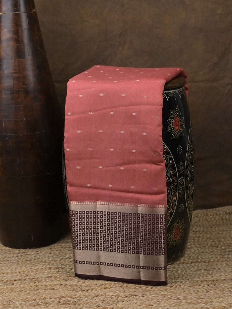 Maheshwari fancy saree light pink color allover zari motifs & zari border with contrast pallu and attached blouse